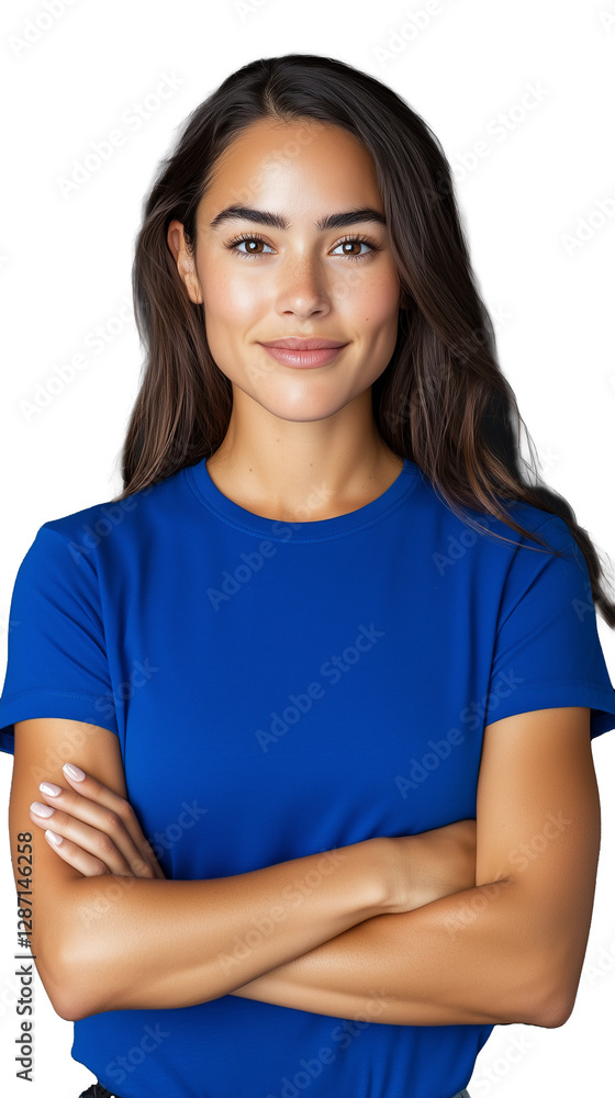 Confident young woman in blue shirt crossing arms on transparent background Confident young woman in blue shirt crossing arms on transparent background