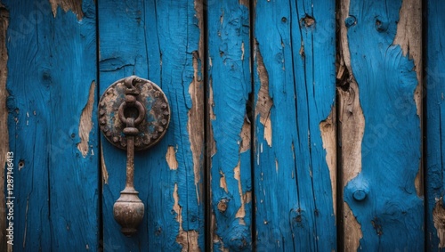 Faded blue wooden texture with weathered paint and vintage metal door knocker as a focal point for rustic aesthetics and home decor themes
