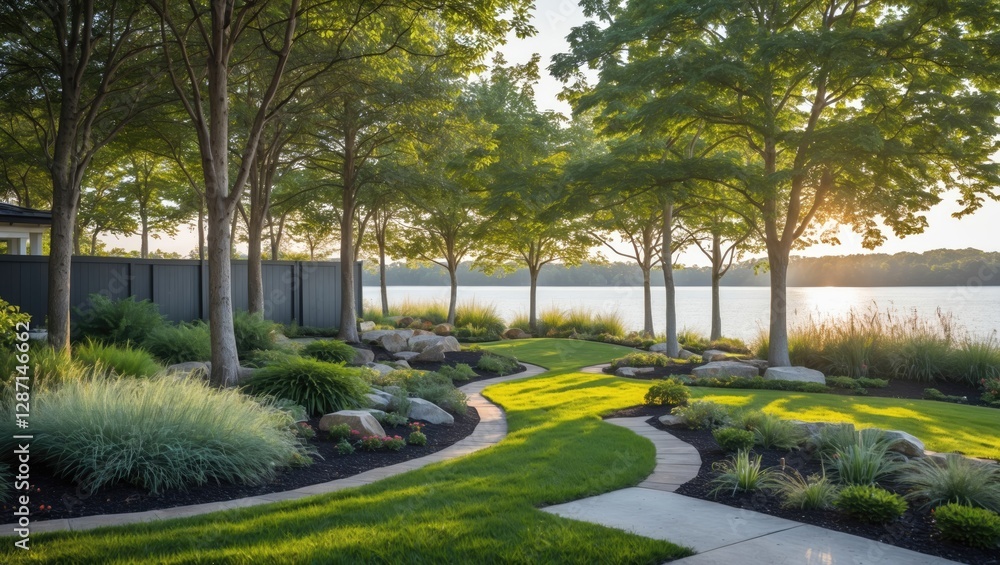 Serene Lakeside Landscaping with Lush Greenery Pathways and Trees Under Warm Sunset Light Serene Lakeside Landscaping with Lush Greenery Pathways and Trees Under Warm Sunset Light