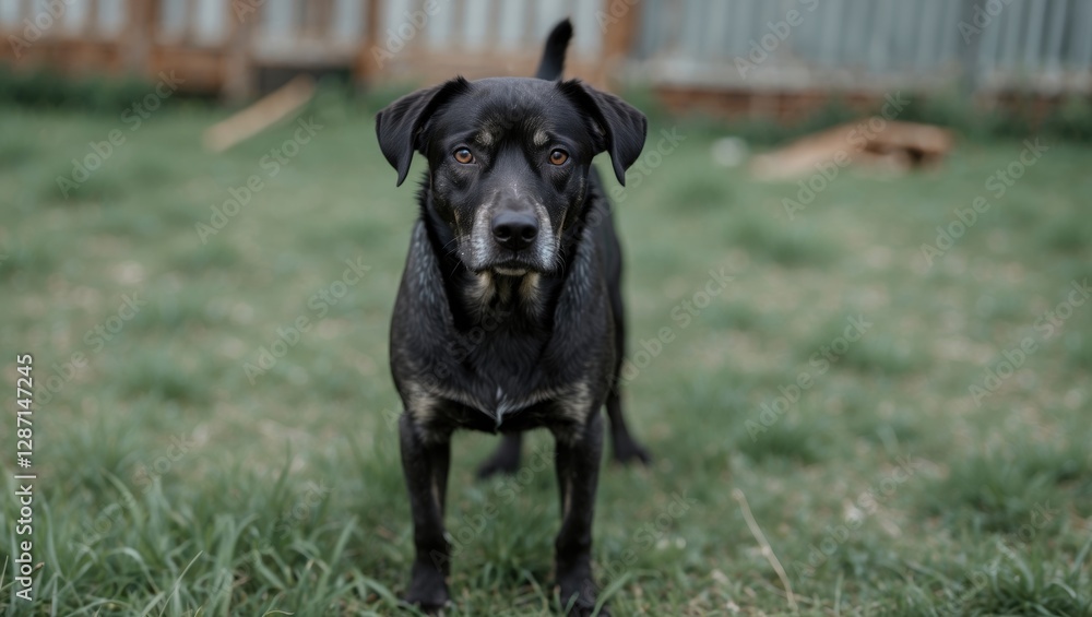 Homeless Black Dog Standing on Grass in Shelter with Empty Space for Text Encouraging Adoption and Pet Rescue Initiatives Homeless Black Dog Standing on Grass in Shelter with Empty Space for Text Encouraging Adoption and Pet Rescue Initiatives