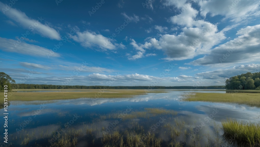 Serene Marsh Landscape Under a Vast Blue Sky with Fluffy Clouds Reflecting on Calm Waters and Open Space for Text Overlay Serene Marsh Landscape Under a Vast Blue Sky with Fluffy Clouds Reflecting on Calm Waters and Open Space for Text Overlay