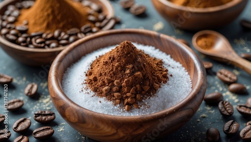 Close-up of instant coffee powder mixed with sugar in a wooden bowl surrounded by coffee beans and other bowls of coffee ingredients.