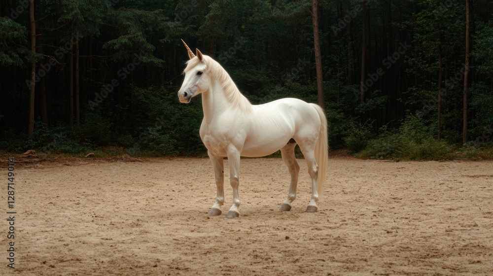 Obraz premium Majestic white unicorn standing in a forest clearing.