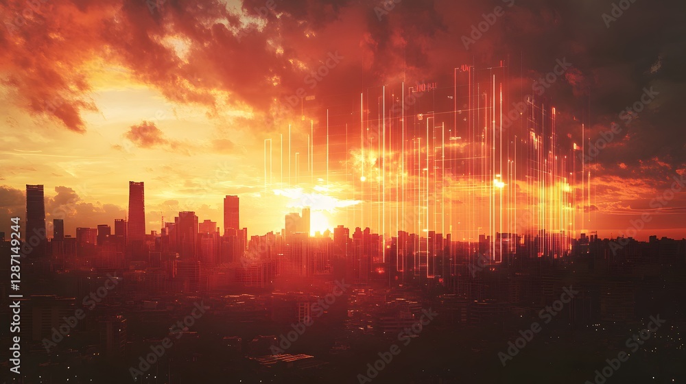 Fototapeta premium A breathtaking skyline at sunset, showcasing vibrant hues of orange and red blending with silhouetted buildings, creating a stunning urban landscape filled with warmth and tranquil