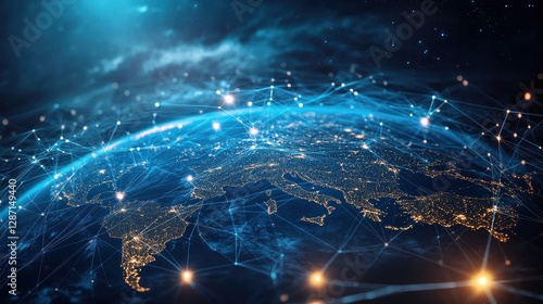 Digital globe with connected trade routes, global network, world trade.  photo