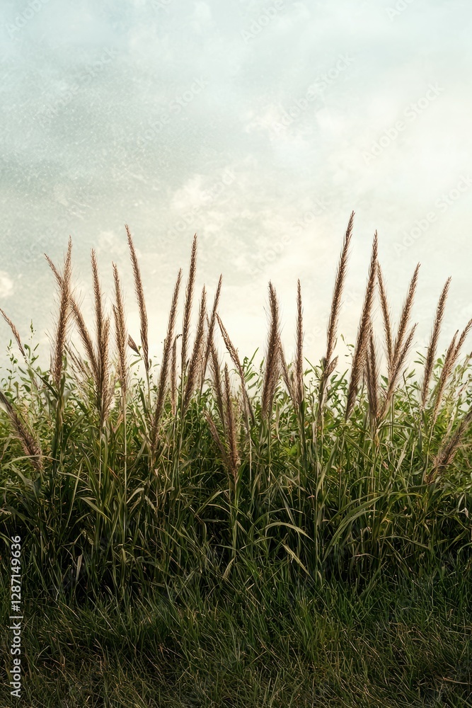 Fototapeta premium Tall grass and weeds blowing in the wind against an overcast sky.