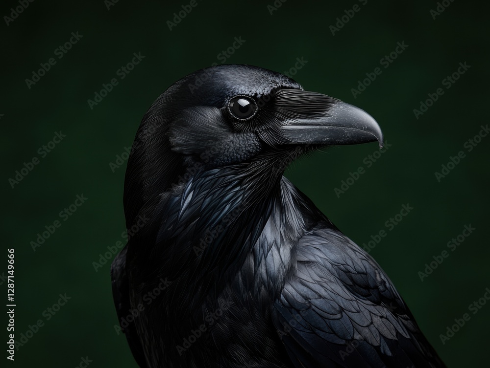 Detailed portrait of a black raven against a dark green background. Detailed portrait of a black raven against a dark green background.