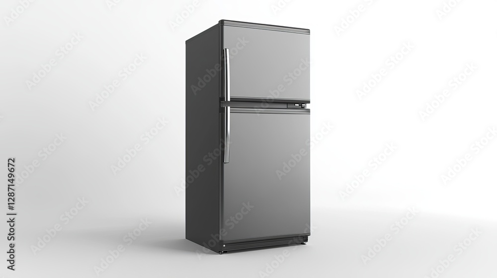 A front-facing view of a gray single-door refrigerator, a home appliance photographed against a white background A front-facing view of a gray single-door refrigerator, a home appliance photographed against a white background