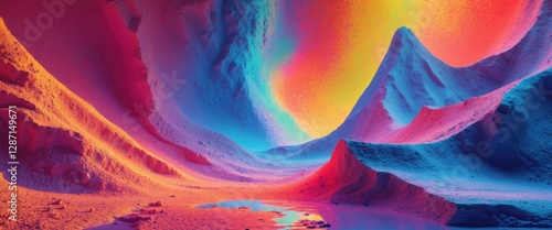 Vibrant surreal landscape with abstract textures showcasing vivid colors and dynamic shapes in a minimalist artistic style.