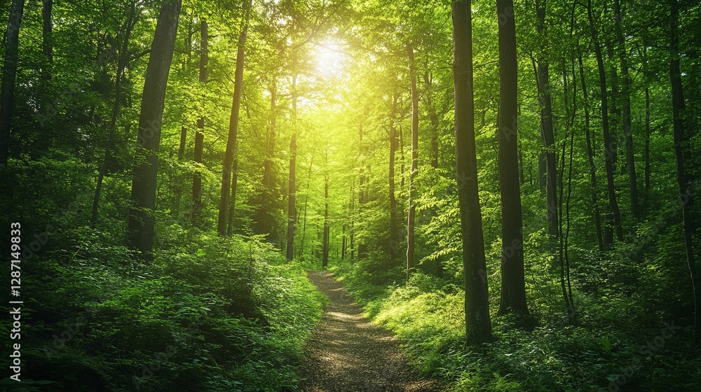 Sunlit Path Through Lush Green Forest Trees Sunlit Path Through Lush Green Forest Trees
