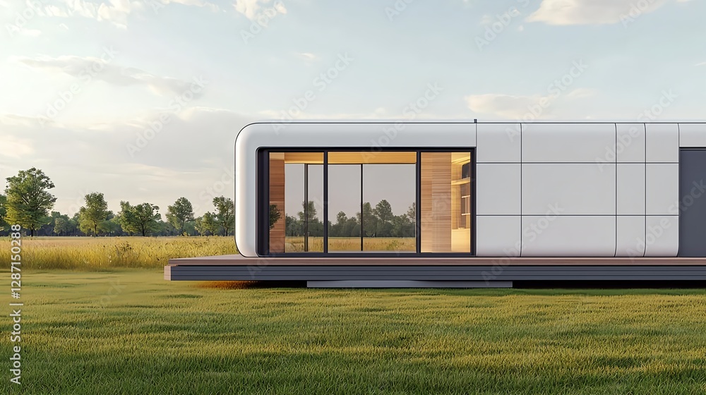 Obraz premium Modern Tiny Home Design on Green Landscape - Sustainable Architecture Concept