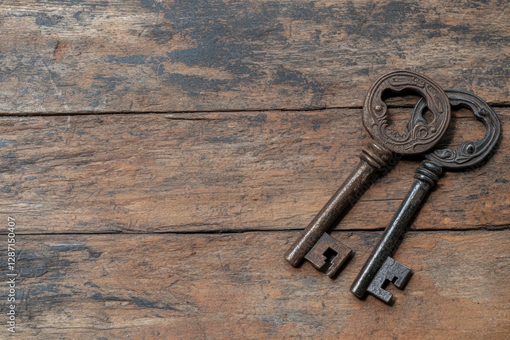 Two antique keys on a rustic wooden surface. Two antique keys on a rustic wooden surface.