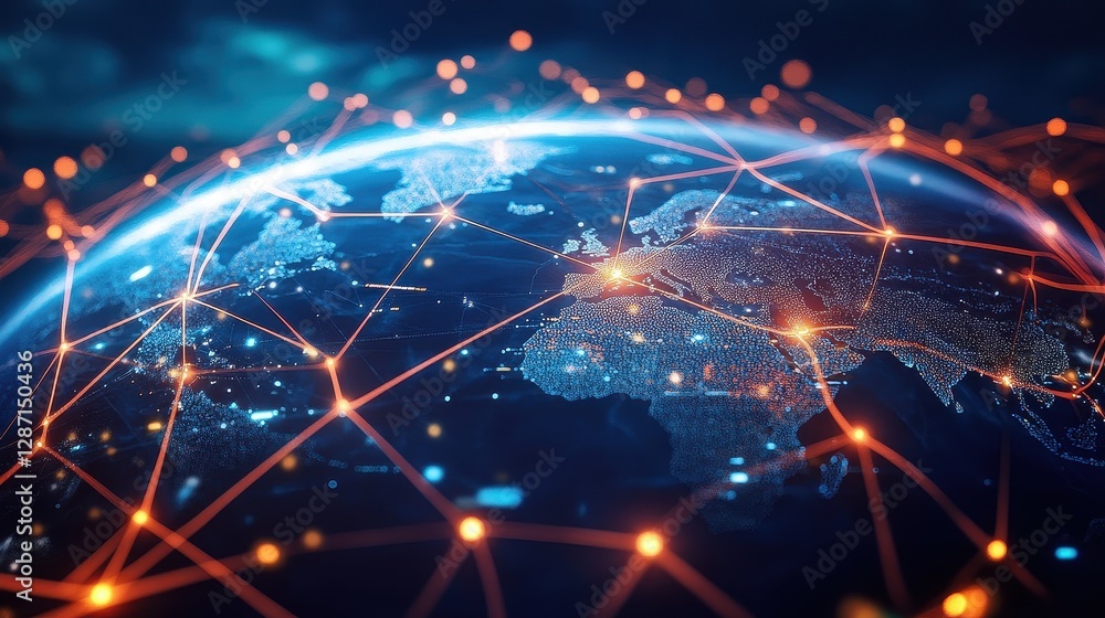 Obraz premium Digital globe with connected trade routes, global network, world trade.