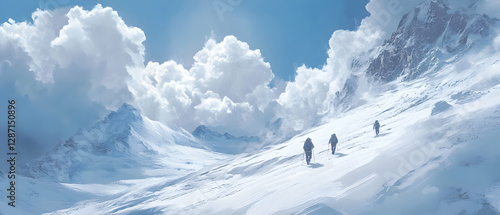 Hikers trekking across a glacier on a partly cloudy winter day  -