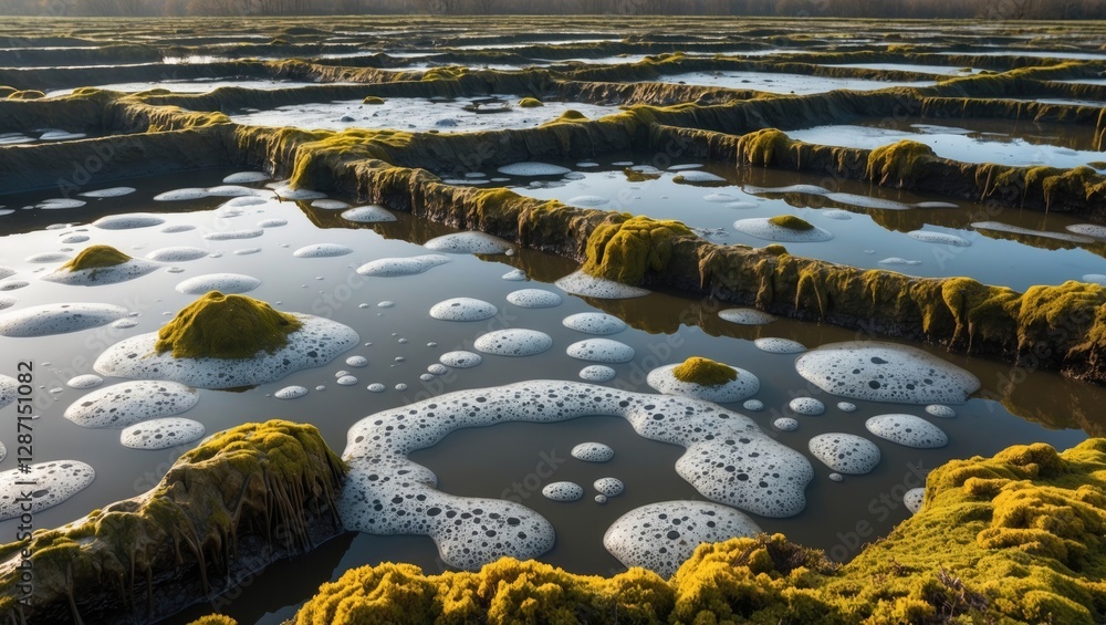 Wastewater ponds with moss coverage and methane bubbles creating a unique ecological landscape under natural sunlight.