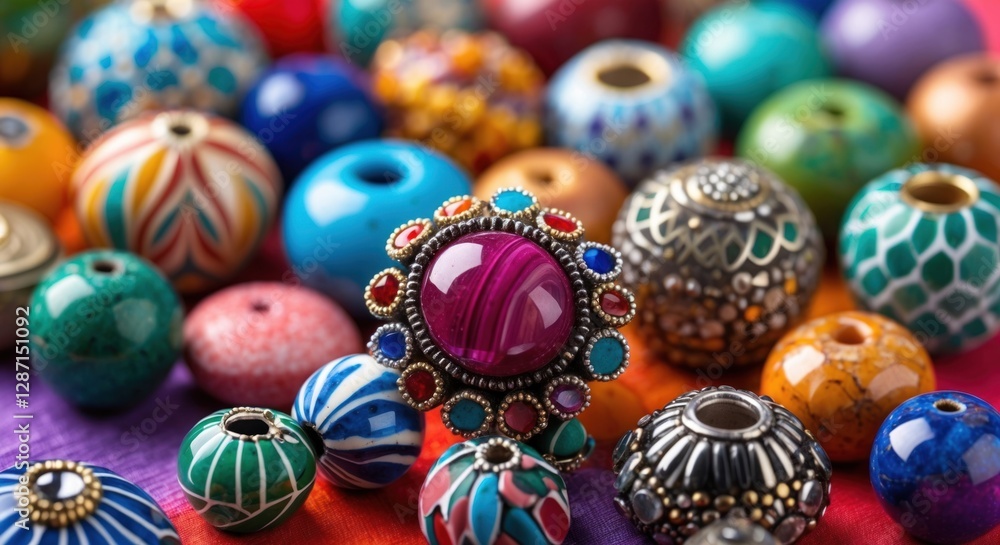 Colorful handmade beads arranged artistically on a vibrant background showcasing intricate designs and craftsmanship ideal for fashion and decoration. Colorful handmade beads arranged artistically on a vibrant background showcasing intricate designs and craftsmanship ideal for fashion and decoration.
