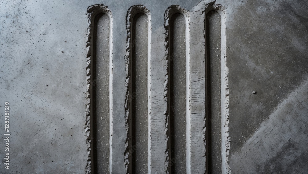 Textured concrete surface with multiple grooves showcasing a grey cement floor background design for industrial and architectural applications. Textured concrete surface with multiple grooves showcasing a grey cement floor background design for industrial and architectural applications.