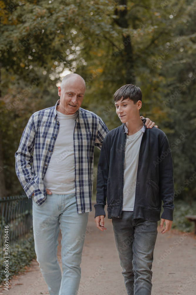 Obraz premium Father and son walking in the field, talking