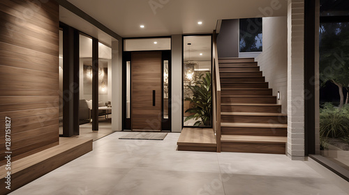 A large, open living room with a wooden staircase leading up to the second floor