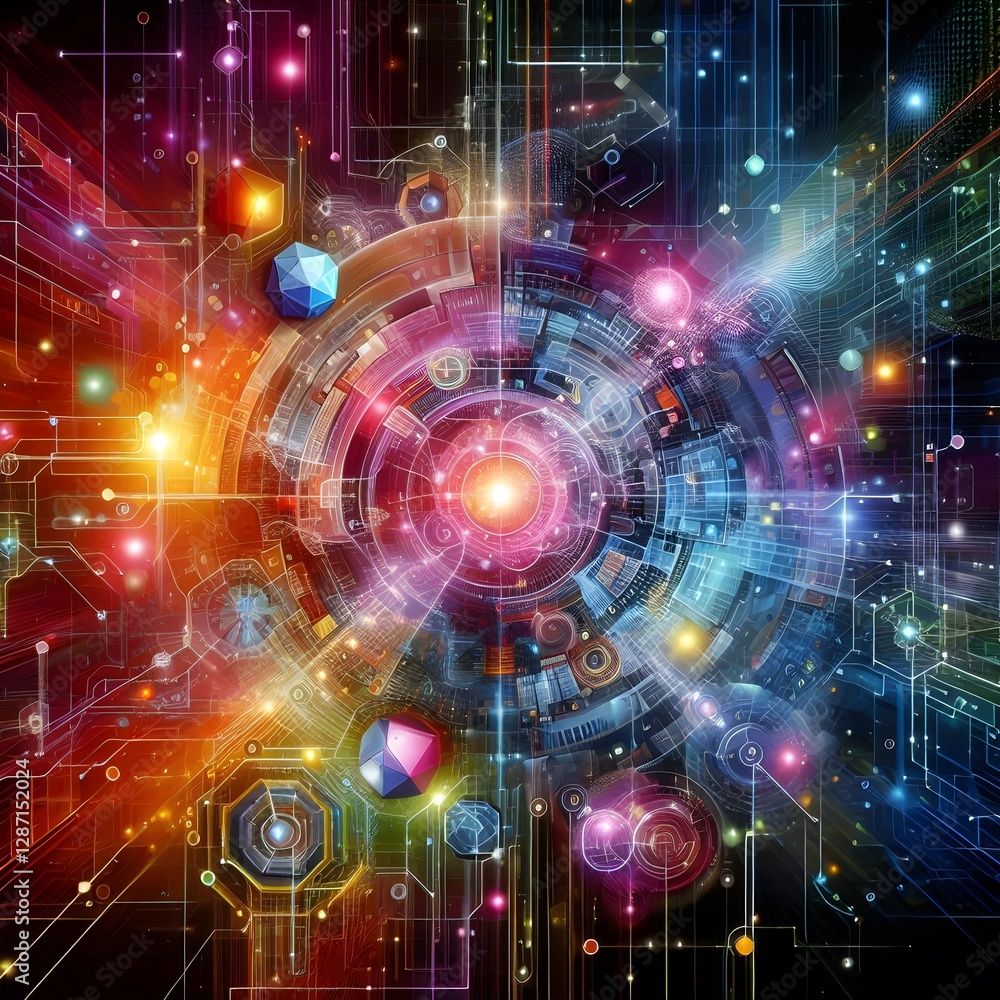 Obraz premium Futuristic technology background featuring glowing lights and intricate circuits in a vibrant, high-tech design.