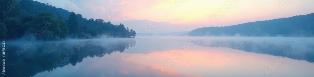 Fototapeta premium Soft blue mist rises from a serene lake at dawn, environment , blue
