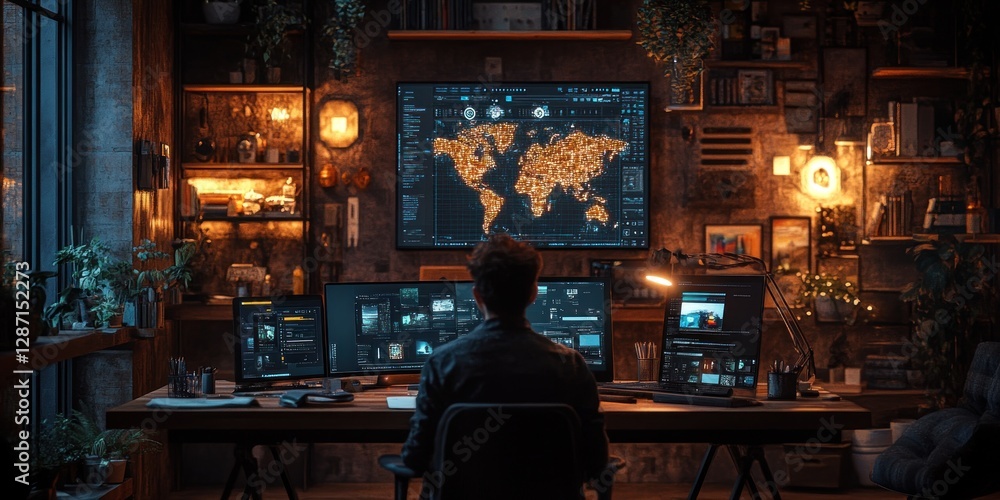 Cyberpunk Home Office: Global Monitoring Setup Cyberpunk Home Office: Global Monitoring Setup