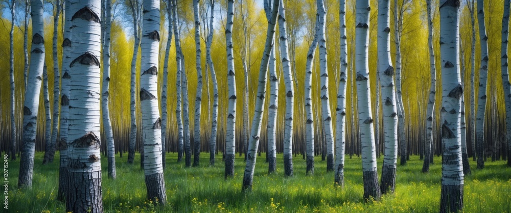 Obraz premium Birch tree forest in spring showcasing white bark and vibrant greenery in Rostov region Russia with lush foliage and clear blue skies.