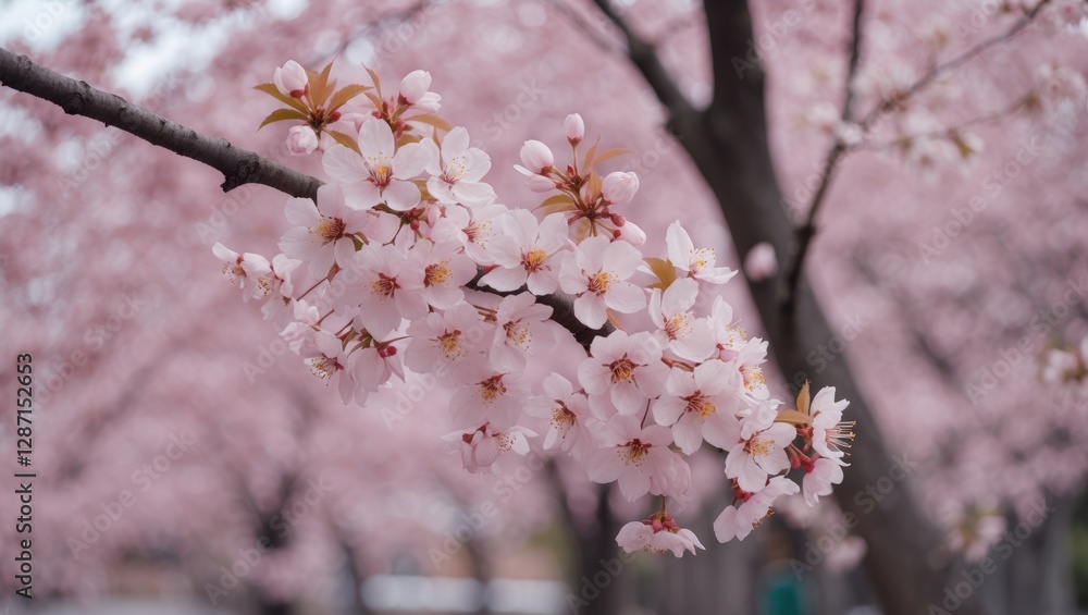 Cherry Blossom Branch with Soft Pink Flowers Against a Blurred Background and Ample Copy Space for Text or Message Cherry Blossom Branch with Soft Pink Flowers Against a Blurred Background and Ample Copy Space for Text or Message