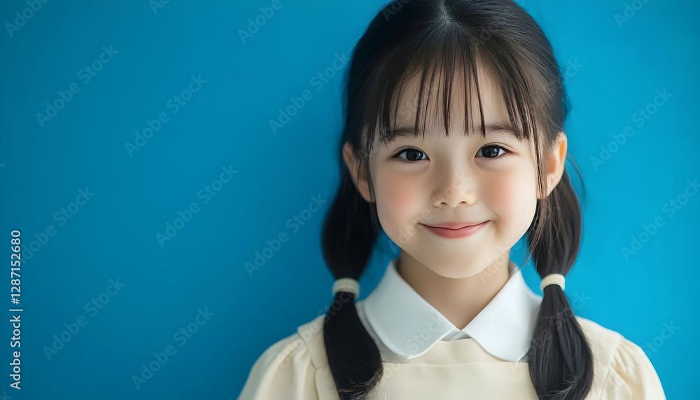 Little girl smiling on a blue background, representing school and education - Little girl smiling on a blue background, representing school and education -