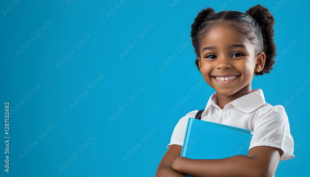 Little girl smiling on a blue background, representing school and education - Little girl smiling on a blue background, representing school and education -
