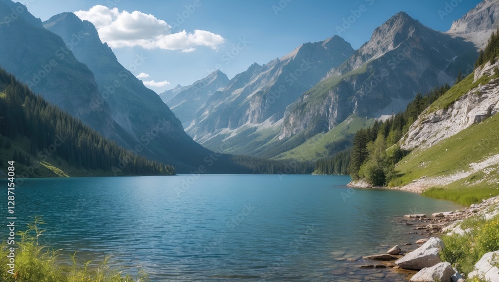 Scenic Mountain Landscape Reflected in Tranquil Lake Under Clear Blue Sky During Summer Day Scenic Mountain Landscape Reflected in Tranquil Lake Under Clear Blue Sky During Summer Day
