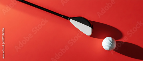 Minimalist composition of a golf club and ball set on a striking red surface  -