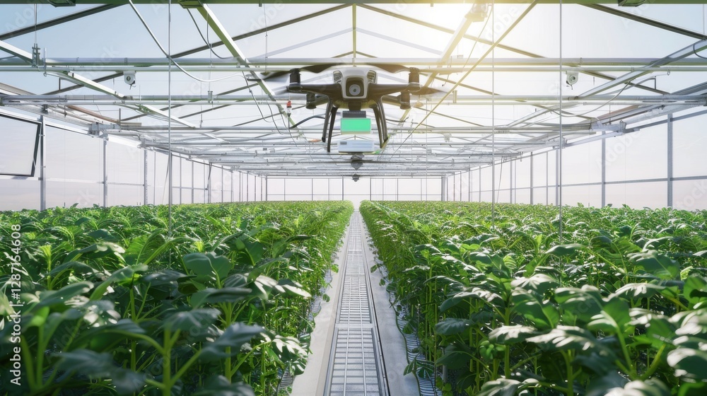 Drone surveys crops in a sunlit greenhouse providing vital crop health data streams for agricultural automation. Drone surveys crops in a sunlit greenhouse providing vital crop health data streams for agricultural automation.