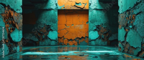 Abstract concrete interior with peeling paint and vibrant colors creating a unique textured background for modern design and creative projects.