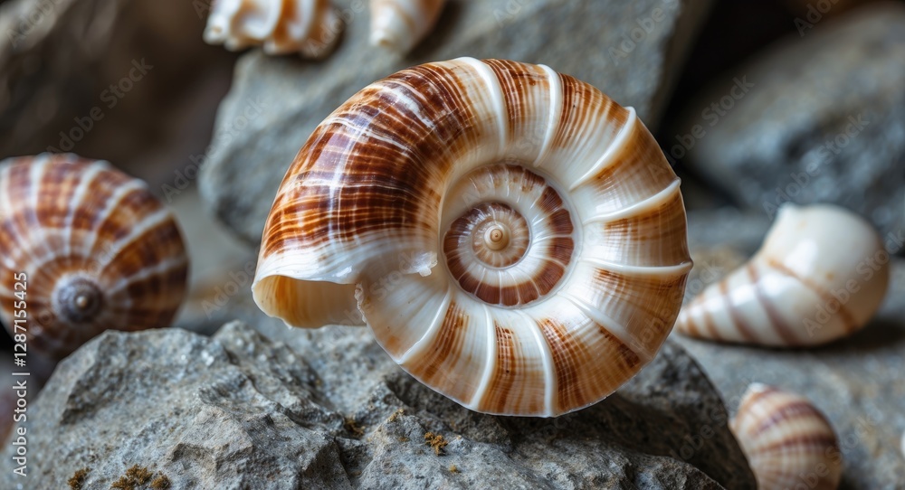 Nautilus shell on rocky background showcasing intricate patterns with space for text, ideal for nature or marine themed designs. Nautilus shell on rocky background showcasing intricate patterns with space for text, ideal for nature or marine themed designs.
