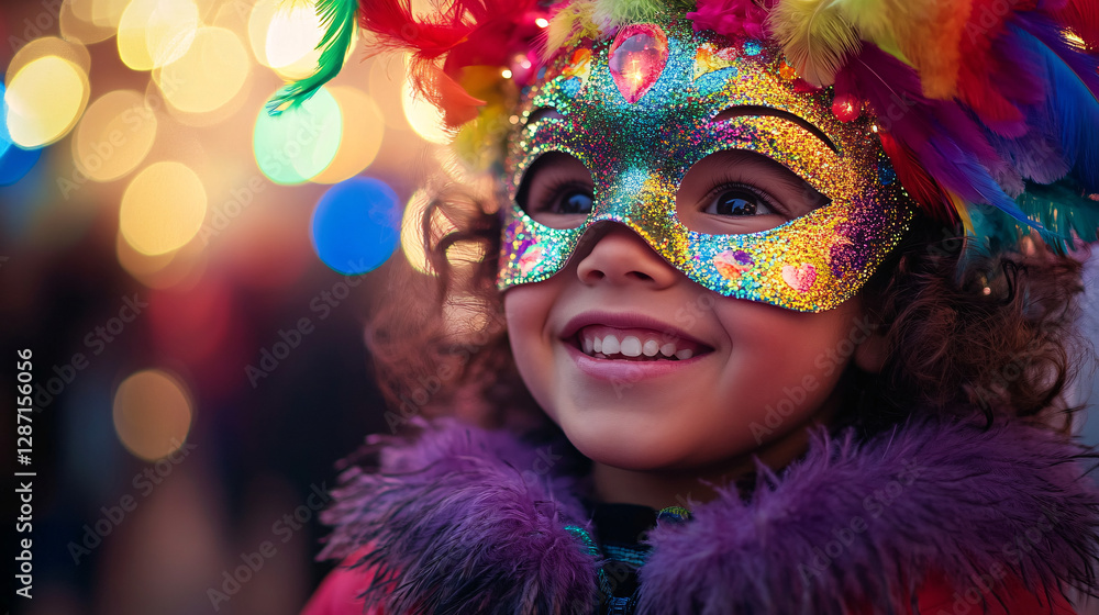 A cheerful child in a colorful carnival mask adorned with feathers, surrounded by warm glowing festival lights in the evening
A cheerful child in a colorful carnival mask adorned with feathers, surrounded by warm glowing festival lights in the evening