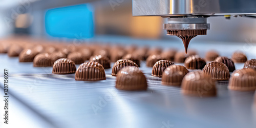 Automated food printing machine preparing chocolate candies in different shapes, futuristic innovative technology of culinary, 3d printing