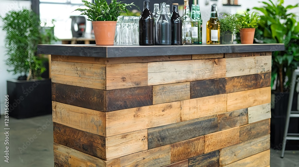 Fototapeta premium Rustic Wood Bar with Plants and Bottles - Interior Design Stock Photo