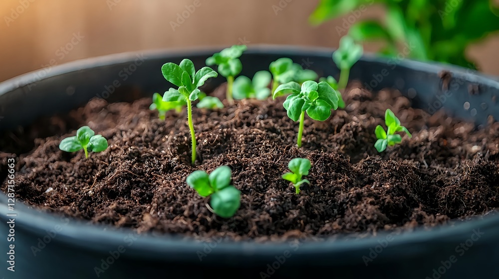 Seedlings Growing in Pot: New Life, Spring Growth, Sustainable Living Concept Seedlings Growing in Pot: New Life, Spring Growth, Sustainable Living Concept