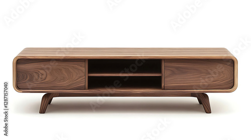 A wooden entertainment center with two drawers and a shelf