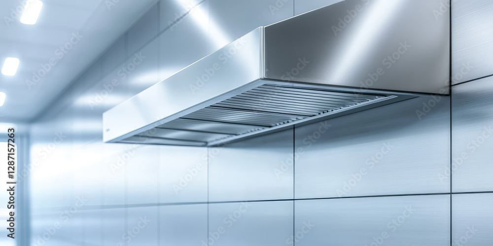 Obraz premium Industrial Stainless steel kitchen exhaust hood in restaurant kitchen, ventilation and smoke removal. Air filtration in the cooking area.