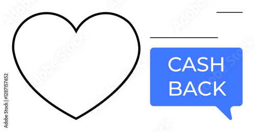 Heart outline next to a blue text bubble with Cash Back message and abstract lines. Ideal for rewards programs, customer loyalty, money saving, promotions, e-commerce, financial incentives, marketing