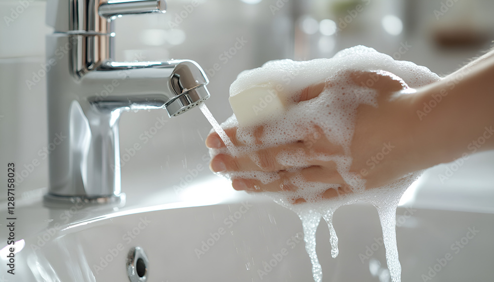 Fototapeta premium Woman use soap and washing hands under the water tap. Hygiene concept hand detail