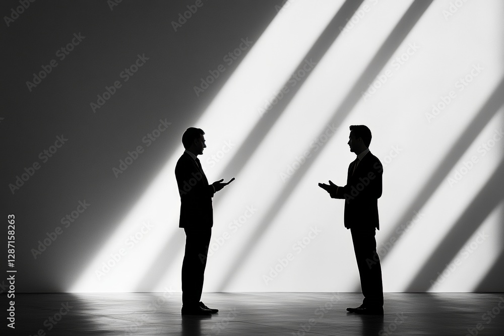 Fototapeta premium Two business professionals engaged in a conversation amid striking light patterns in a modern interior space. Generative AI