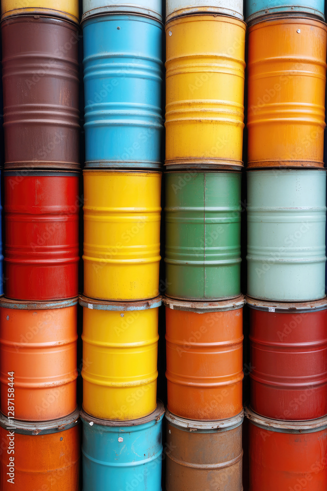 Metal fuel barrels in different colors, stacked in storage. Fuel storage. Metal fuel barrels in different colors, stacked in storage. Fuel storage.