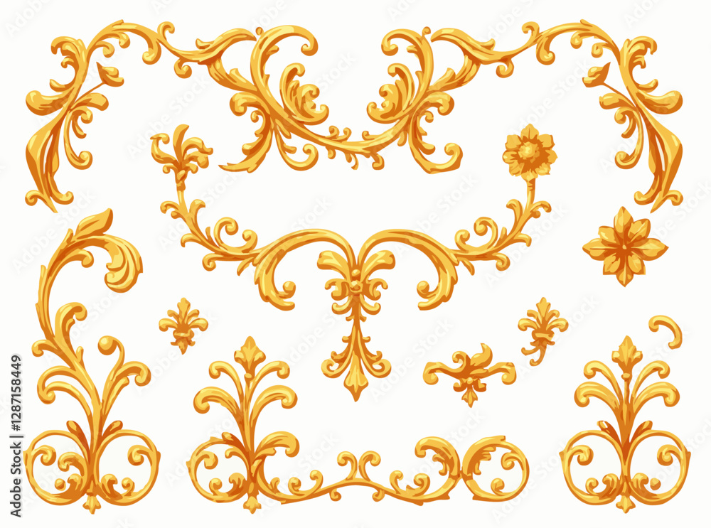 Fototapeta premium Exquisite Rococo Gold Leaf Ornaments Vector Elements
