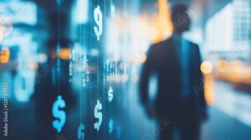 Wallpaper Mural Investment progress concept, ascending step chart with dollar signs, blurred businessman in background, financial strategy and wealth building, stock photo with copy space. Torontodigital.ca