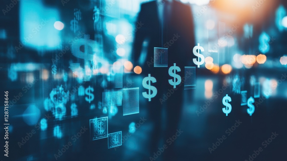 Fototapeta premium Investment progress concept, ascending step chart with dollar signs, blurred businessman in background, financial strategy and wealth building, stock photo with copy space.