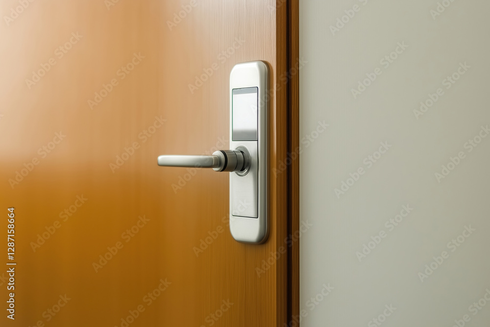 Close-up of modern door handle on wooden door located in a contemporary interior Close-up of modern door handle on wooden door located in a contemporary interior