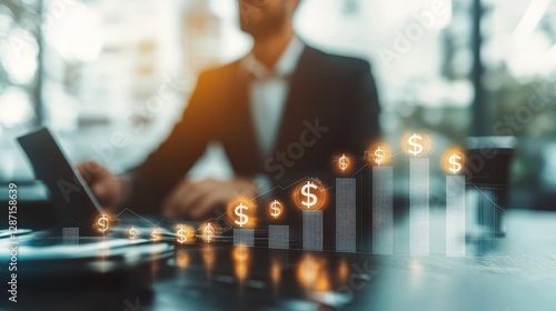 Wallpaper Mural Investment progress concept, ascending step chart with dollar signs, blurred businessman in background, financial strategy and wealth building, stock photo with copy space. Torontodigital.ca